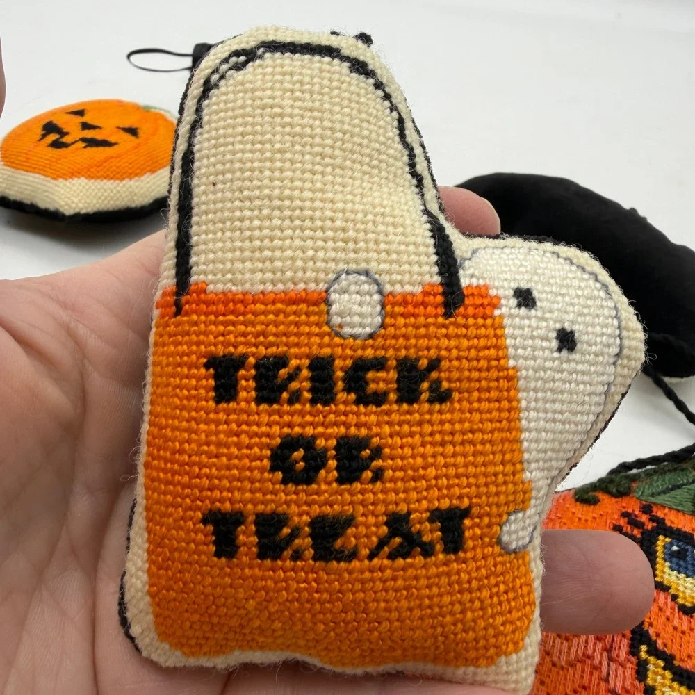 Halloween Needlepoint Ornament Set Witch Pumpkin Bat Ghost 6pc Decor